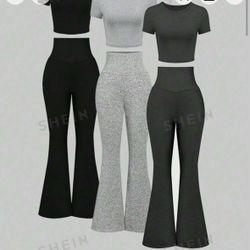  3pcs/Set Short Sleeve Round Neck T-Shirt With Adjustable Elastic Waist Fleece Bell-Bottom Pants Casual Outfits