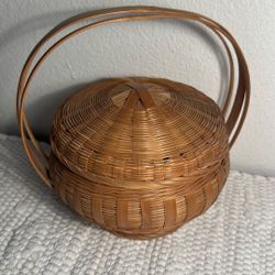 Vintage Hand Woven Bamboo Lidded Basket , 3 Handles 