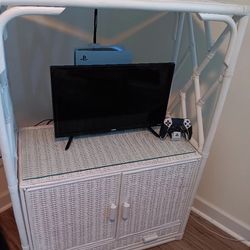 White Wicker TV Stand With Lower Storage Cabinet