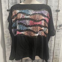 Tamsy Sequins Embroidered Colorful Black Tunic Top Blouse One Size
