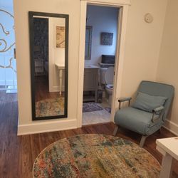Blue Accent Chair, Round Rug & Long Mirror