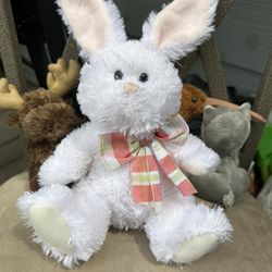 Vintage Hallmark White Easter Bunny Rabbit Plush Plaid Bow Stuffed Animal