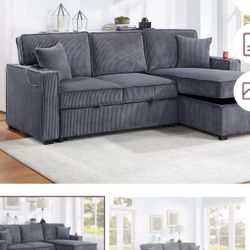 $369.     2-PCConvertible Sectional  Sleeper Sofa W/ Cupholder Sofa Storage & USB Ports  89”x 59”X36”H