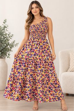 BTFBM Women’s XL Floral Maxi Dress One Shoulder Smocked Tiered Summer Boho