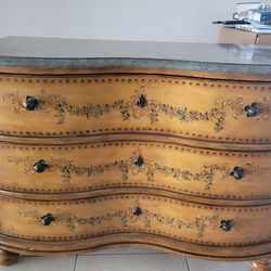 Ornate 3-Drawer Wood Dresser with Marble Top