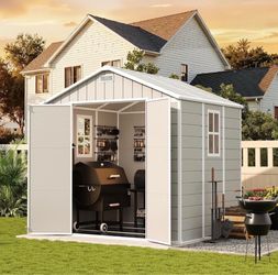 Resin Storage Shed 8 x 6 FT, Outdoor Garden Sheds with Floor Plastic Patio Outdoor Storage Shed with Lockable Door,