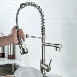 Brushed Spring Pull Down Kitchen Sink Faucet Hot & Cold Water Mixer Crane Tap