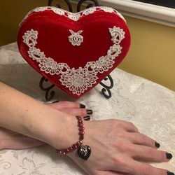 Red Fresh Water Pearl Bracelet with Polished Stone Heart with Silver And Pink Gem