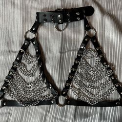 Leather And Chains Choker Bra With Studs 