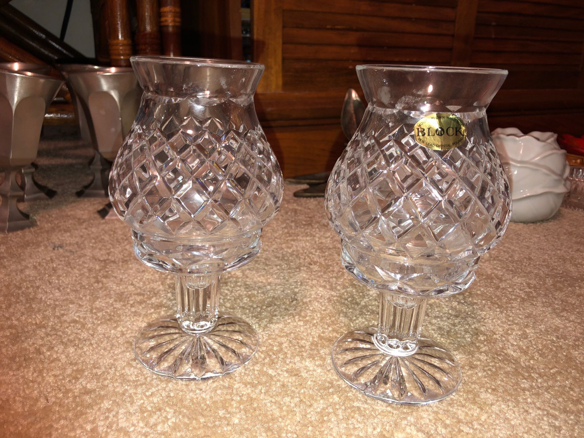 Block 2, 8” Tall Mouth Blown Hand Cut 24% Lead Crystal Votive Hurricane Candle Holders on Pedestals, Art