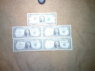 Four 1957 $1 Notes Plus One 1976 $2 Note