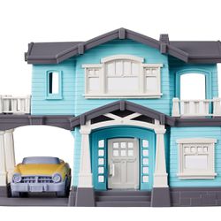 Green Toys Multi-Level Blue House Playset w/Yellow Convertible Car & Furniture