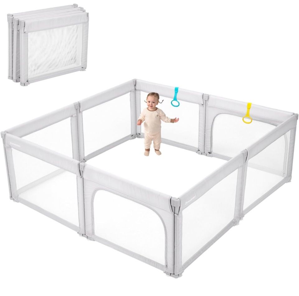 COSOLA Baby Playpen for Toddlers, Foldable Playpen Safe Anti-Fall Play Yard, Visible Mesh Play Pen with Zipper Gate, Baby Fence Play Area with Pull-up