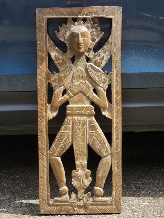 Hand-Carved Wooden Wall Panel Bhineda Asintia Guardian From Bali, Indonesia Vintage