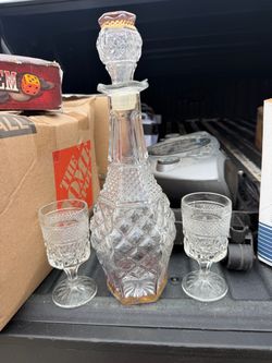 Vintage Glass Decanter with Two Matching Glasses