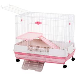 PawHut 2-Level Small Animal Cage Rabbit Hutch with Wheels, Removable Tray, Platform and Ramp for Bunny, Chinchillas, Ferret, Pink
