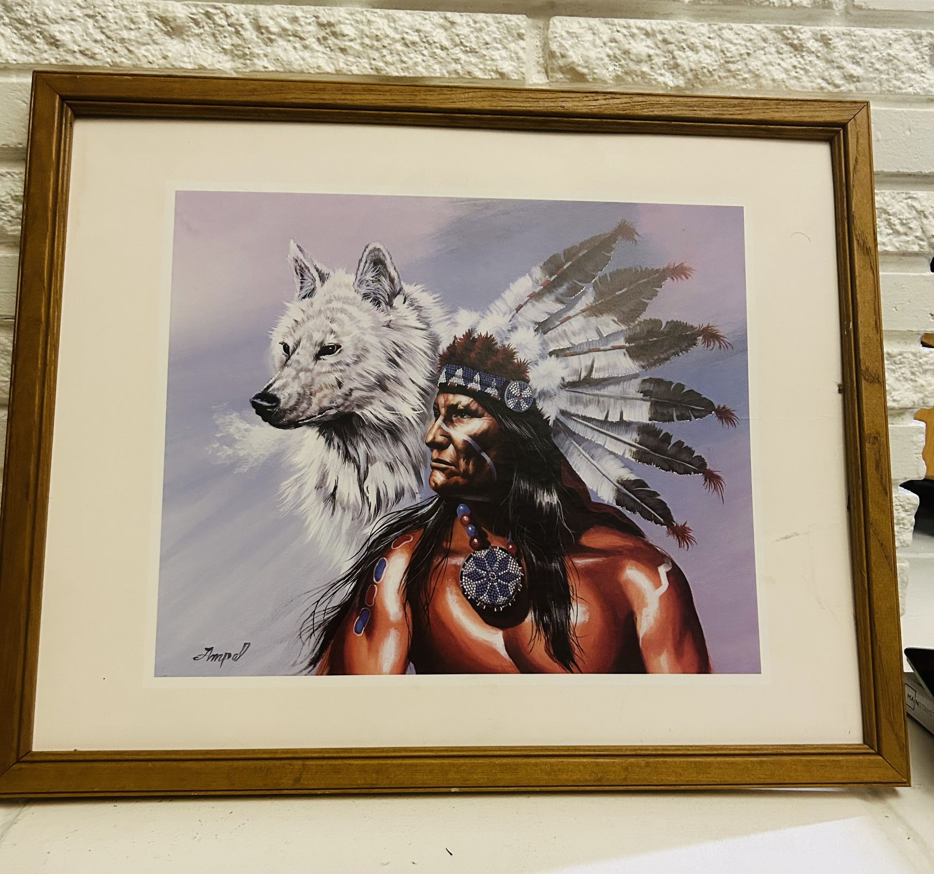 22"×18" Indian Chief Wolf Premium Quality 100D Woven Poly Nylon wood wall hanging frame