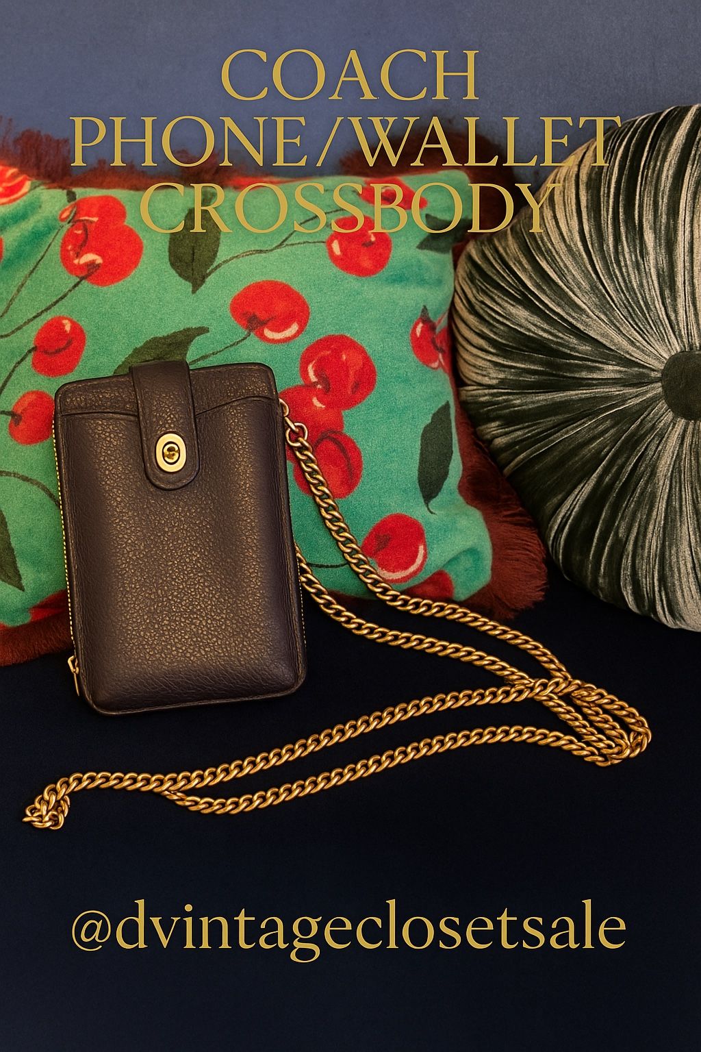 Coach Phone/Wallet Crossbody – Black Pebbled Leather – Gold Chain