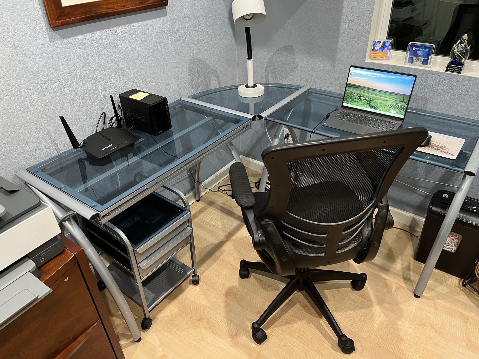 Glass L Desk With Cart