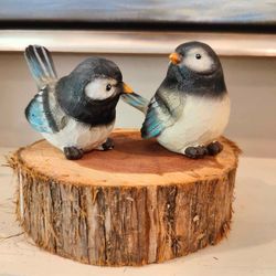 Two Chickadees on 6 inch Cedar Round Natural Wood Sculpture