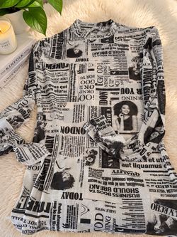 Fashion Nova Newspaper Print Long Sleeve Top