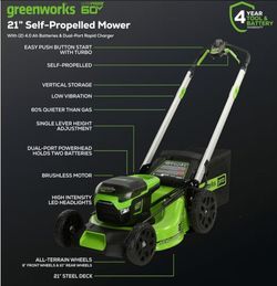 🔥Greenworks 60V 21" Brushless (Self-Propelled) 2 x 4.0Ah Batteries (3/4 Acre, Rapid Charger)