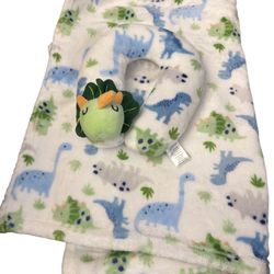 Plush Dino Travel Neck Pillow with Matching Dinosaur Print Blanket.   