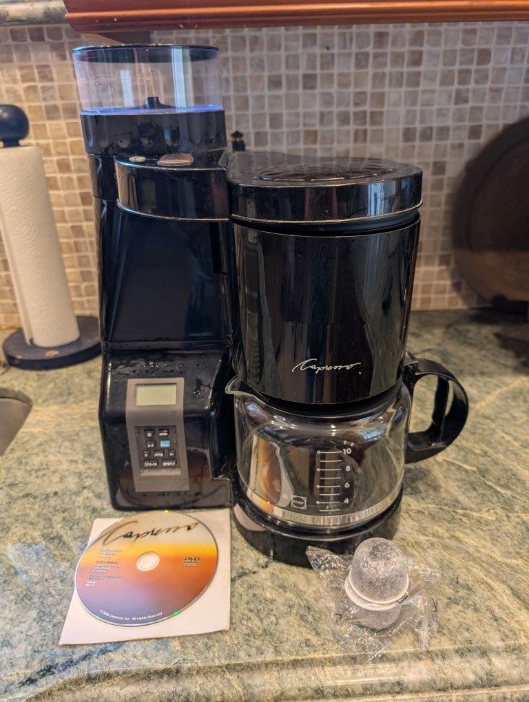 Coffee Maker By Caprima For Real Coffee Connoisseurs Grinds Brews With DVD Instructions And Extra Filters