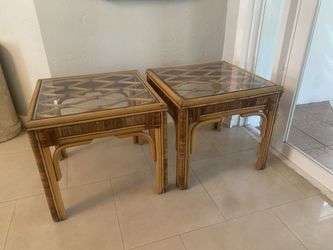 Mid-Century Bamboo / Rattan Side Tables w/ Glass Tops (2)