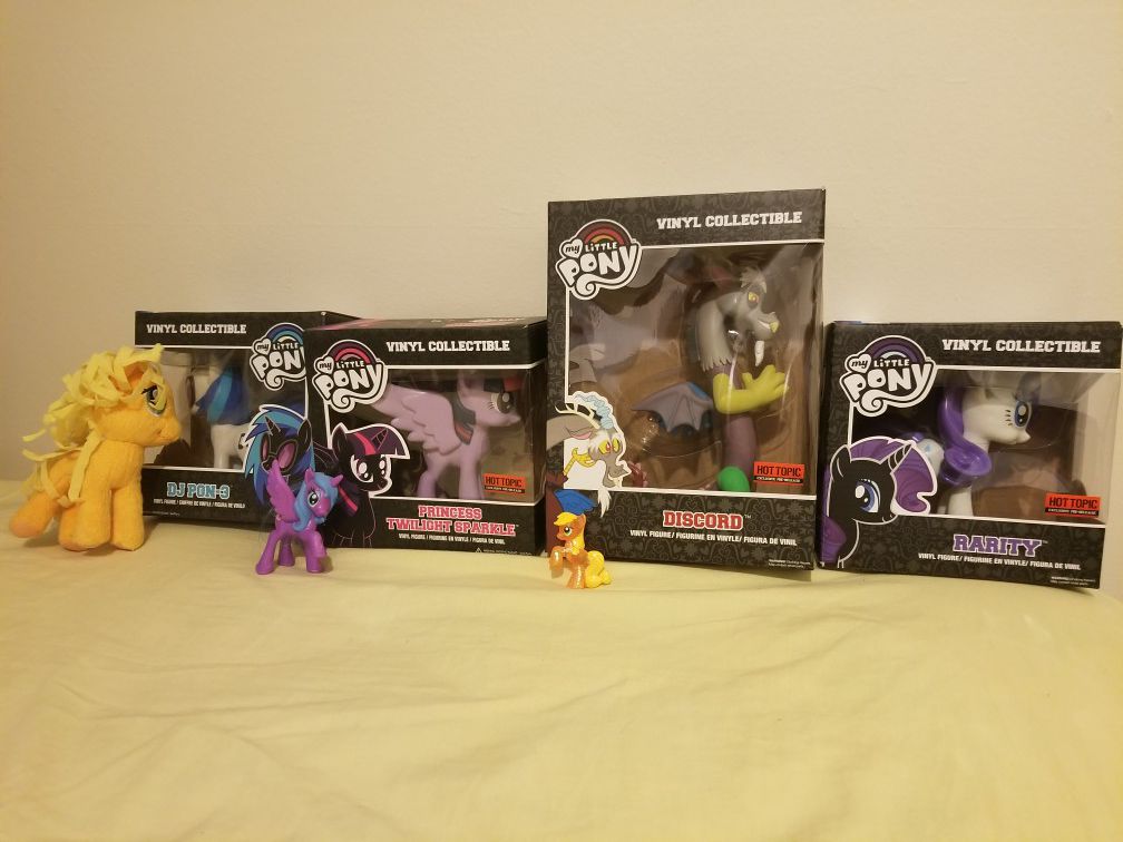 Collection of my Little pony figures, apple Jack plushie, mc Donald's Luna, mystery bag apple jack