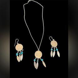 Silver Native American coin pendant necklace and earring set(L19)14