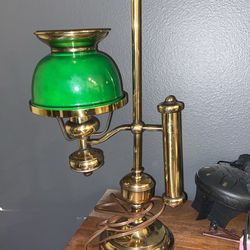 Vintage Mid-Century Brass Student's Lamp with Green Tole Shade