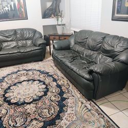 Dark Green Genuine Leather Couches And Persian Rug