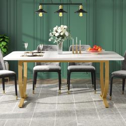 LITTLE TREE Dining Room Table, Kitchen Table with Faux Marble Table Top and Gold Metal Legs