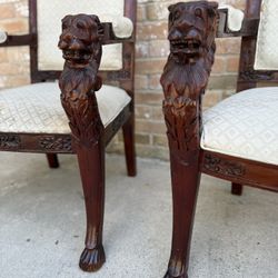 Pair Of Lion Carved Ornate Rosewood Formal Chairs 