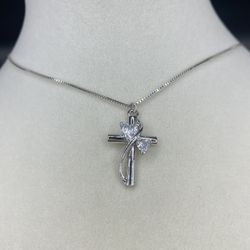 925 Cz Double Heart Cross Necklace 