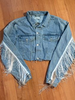 Elia Cher Cropped Denim Fringe Jacket Light Wash Raw Hem Western Festival Sz L