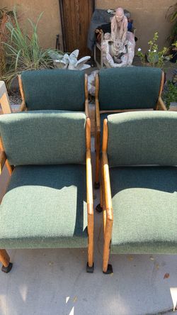 Two Pair of Oak Frame Upholstered Chairs with Casters