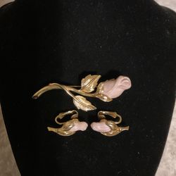 Vintage Gold Brooch With Pink Rose And Matching Clip On Earrings,by Avon
