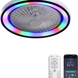 RGB Ceiling Fan with Lights and Remote, Low Profile Flush Mount Modern Bladeless Smart Ceiling Fan for Bedroom Kids Room Living Room, 19 Inch, White