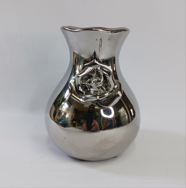 Pewter plated ceramic vase with rose accent