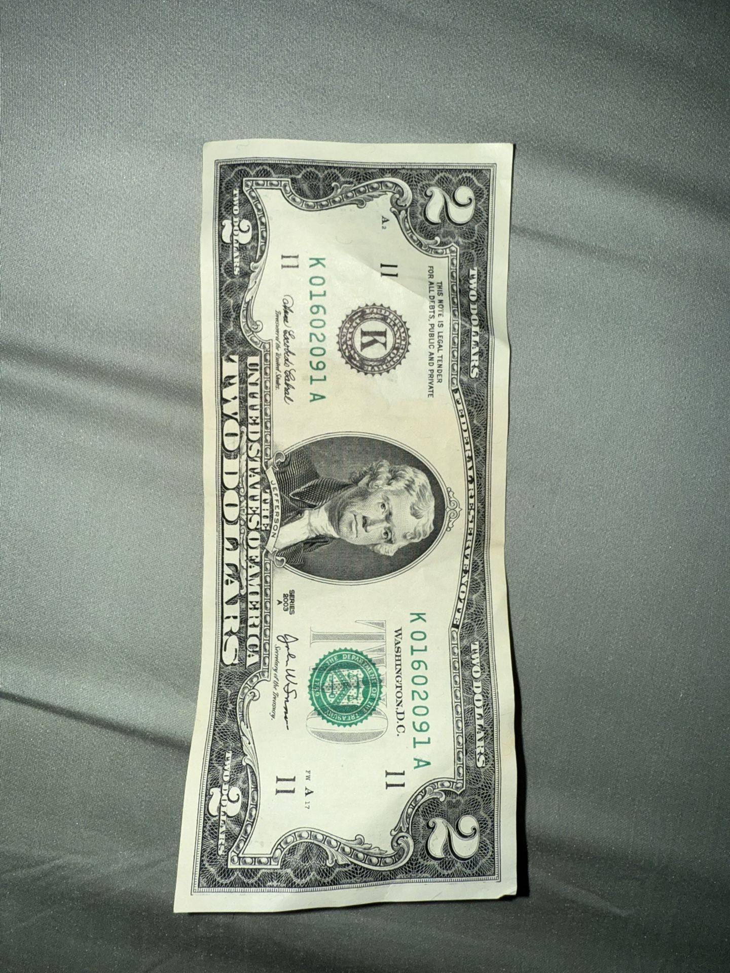 Rare 2003 Series A $2 Bill Low Serial #