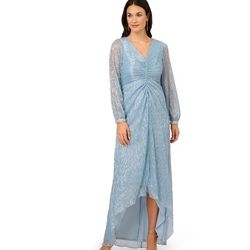 Adrianna Papell Women's Crinkle Metallic Gown, Belize Blue, Size 4