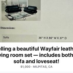 Wayfair Modern Leather Living Room Set – Sofa + Loveseat (Wayfair) Like New