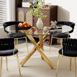 Glass Table W Gold Legs & 2 Floral Chairs w Wall Art