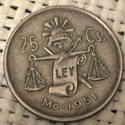 25 centavos 1951 Vintage Coin Of Mexico 