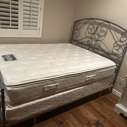 Queen Bed, Mattress, Silver Iron Headboard, box spring. Delivered