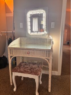 White Wicker Vanity Set with Glass Top & LED Mirror