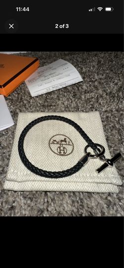 Hermès Glénan braided black leather bracelet w/ silver-plated hardware. NWT