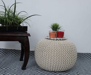 Hand Knitted Cotton Ottoman Pouf Footrest 20x20x14 INCH, Living Room Accent seat (Natural)